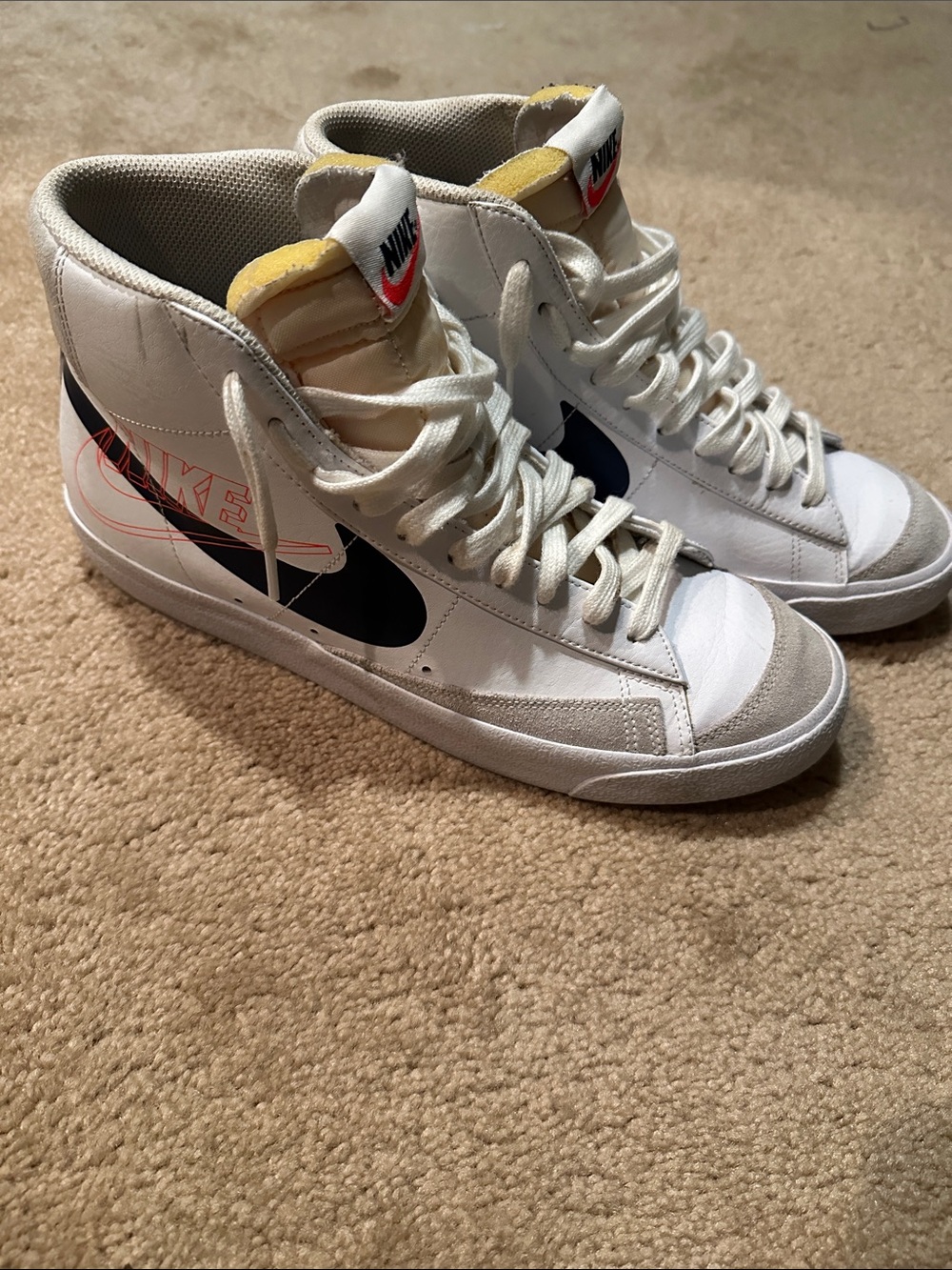 Nike High-Top Sneakers White with Black Swoosh and Yellow Tongue Accents